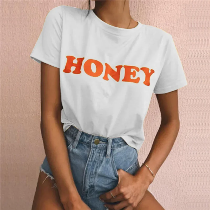 

Honey Red Letter Print Women T Shirt Short Sleeve O Neck Loose Women Tshirt Ladies Tee Shirt Tops Camisetas Mujer