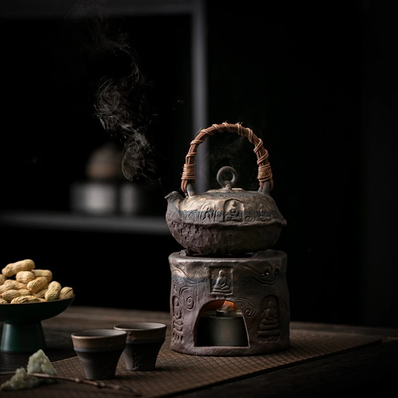 Chinese Style Dunhuang Handle Pot Tea Brewing Set Retro Coarse Pottery Alcohol Heating Stove Roasting Household Tea-making Tools