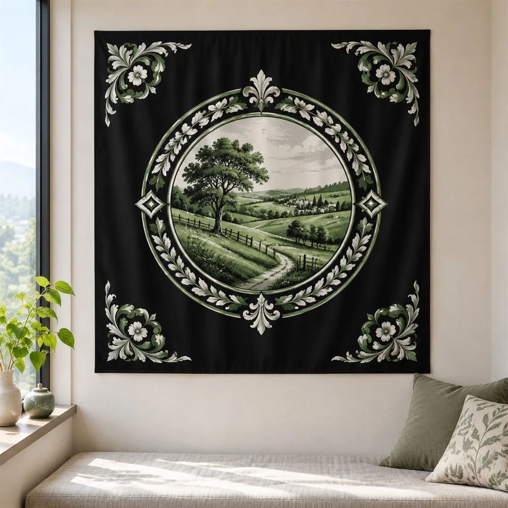 VIKAMA Rolling Hills Farm Tapestry Wall Hanging, Countryside Scene Wall Art, Farmhouse Decor for Living Room Bedroom Dining Room
