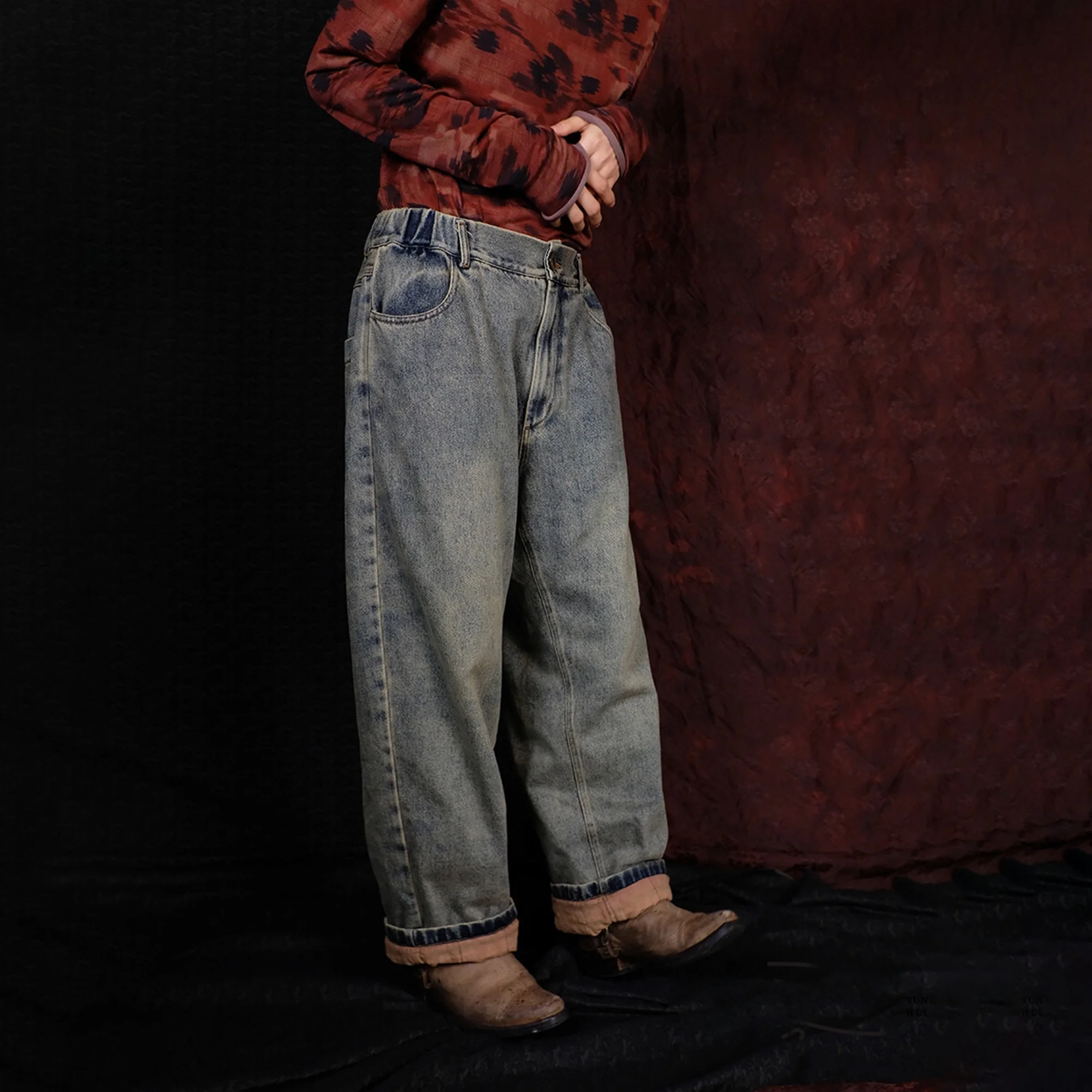 

Утепленные винтажные джинсы из чистого хлопка в стиле ретро, новинка ранней зимы, женские повседневные джинсы с завышенной талией