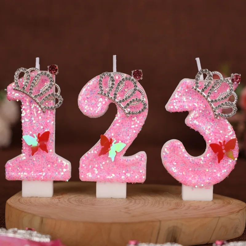 Digitale Geburtstagskerzen, rosa Krone, Prinzessinnenkuchen, dekorative Kerzen zum ersten Geburtstag, handgefertigte digitale Kerzen 0–9