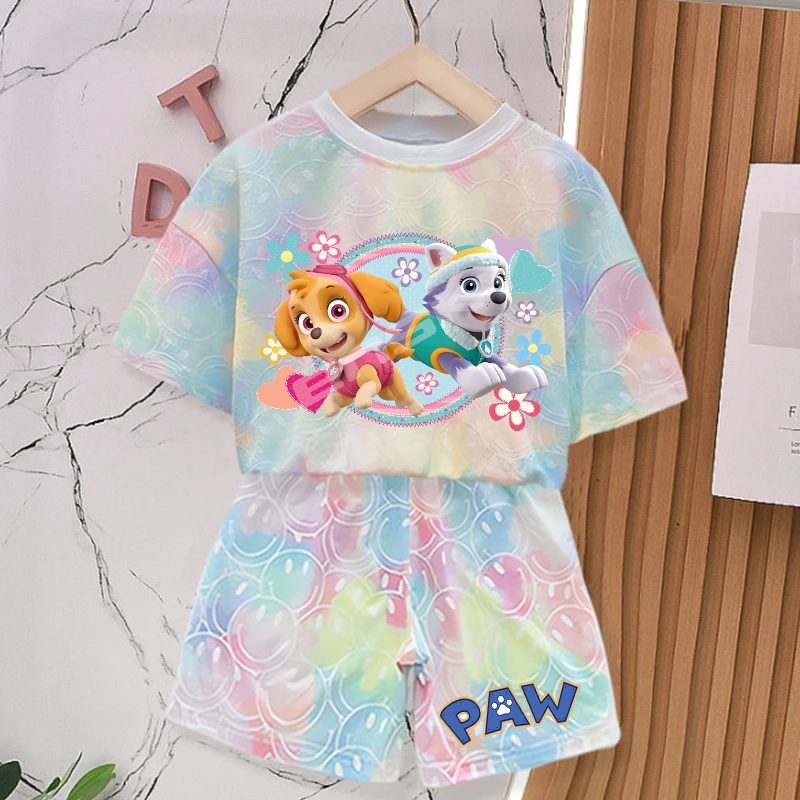 

Paw Patrol Summer Clothing Sets for Baby Girl Outfits Cute Print Tie-dye Smile Tees Children Short Sleeve T Shirt Shorts 2pcs