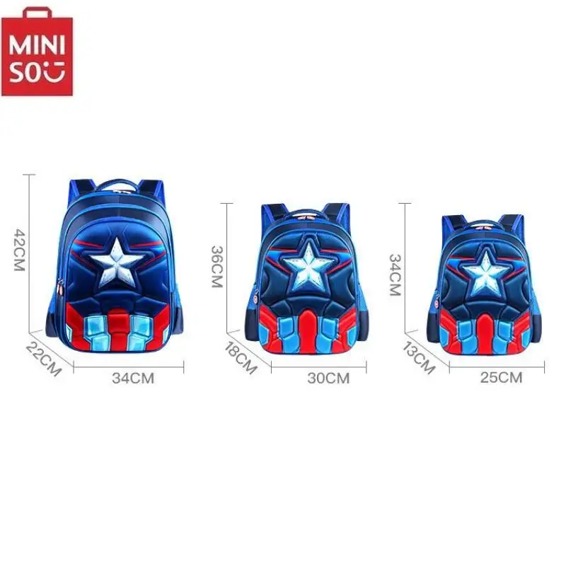 MINISO Kids Waterproof Nylon Backpack with Three Five-pointed Star Captain America Compartments Ideal for Students Ages 3-12