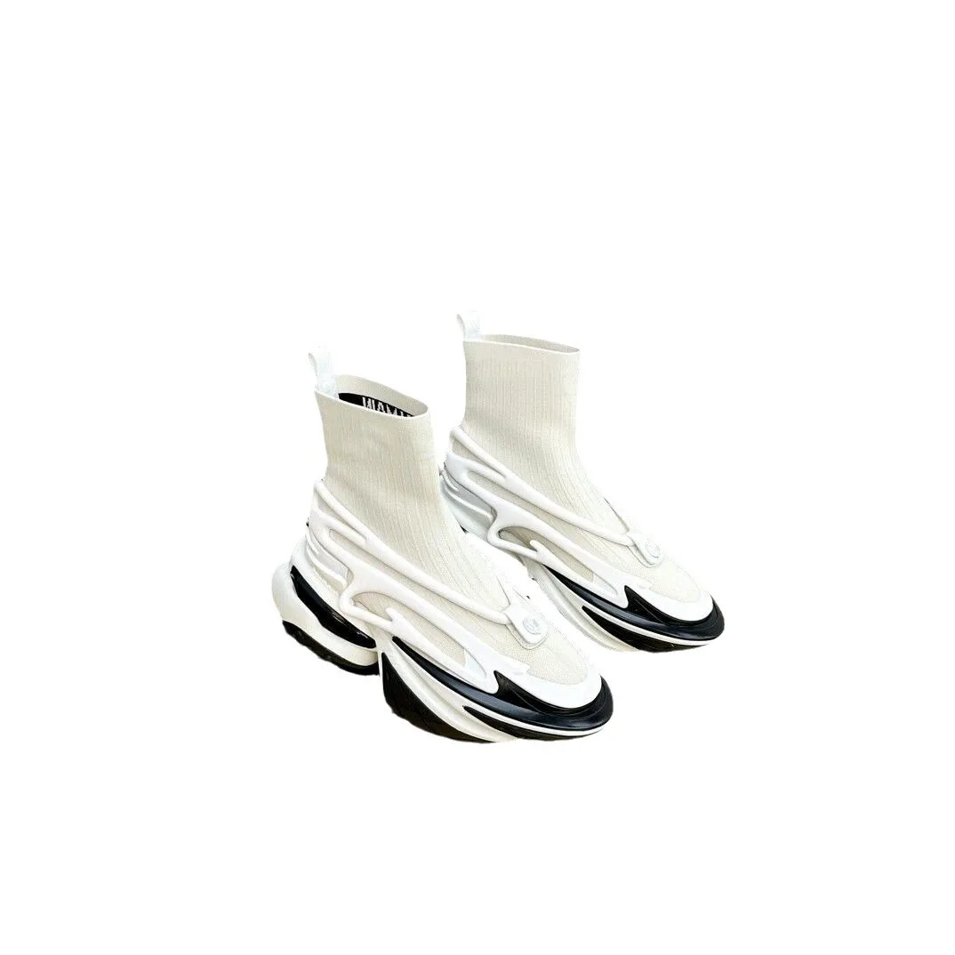 2024 Early Spring Genuine Leather Spaceship Elastic Colored Fashion Show Heightening Short Boots High Top Boots Socks Boots