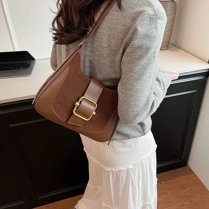PU Faux Suede Stitching Fashion Shoulder Bag Solid Color Sewing Thread Zipper Hasp Crossbody Bag 2024 Hot Sale Bags for Women