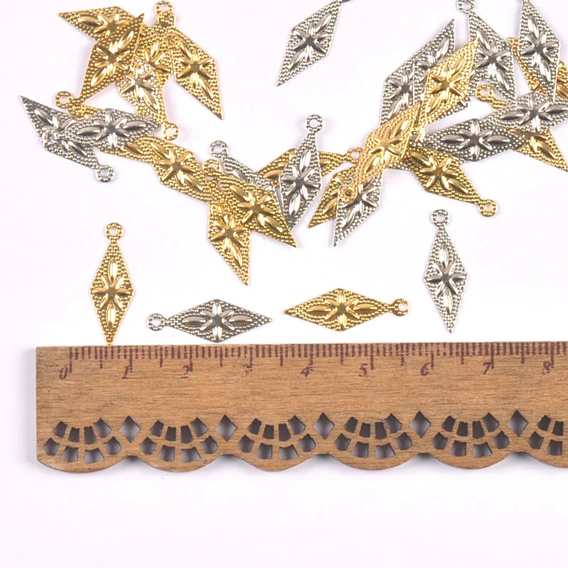 50pcs Gold and silver Filigree Wraps rhombus Pendant Metal Crafts for Headwear and jewelry accessories 8x21mm YKL0911