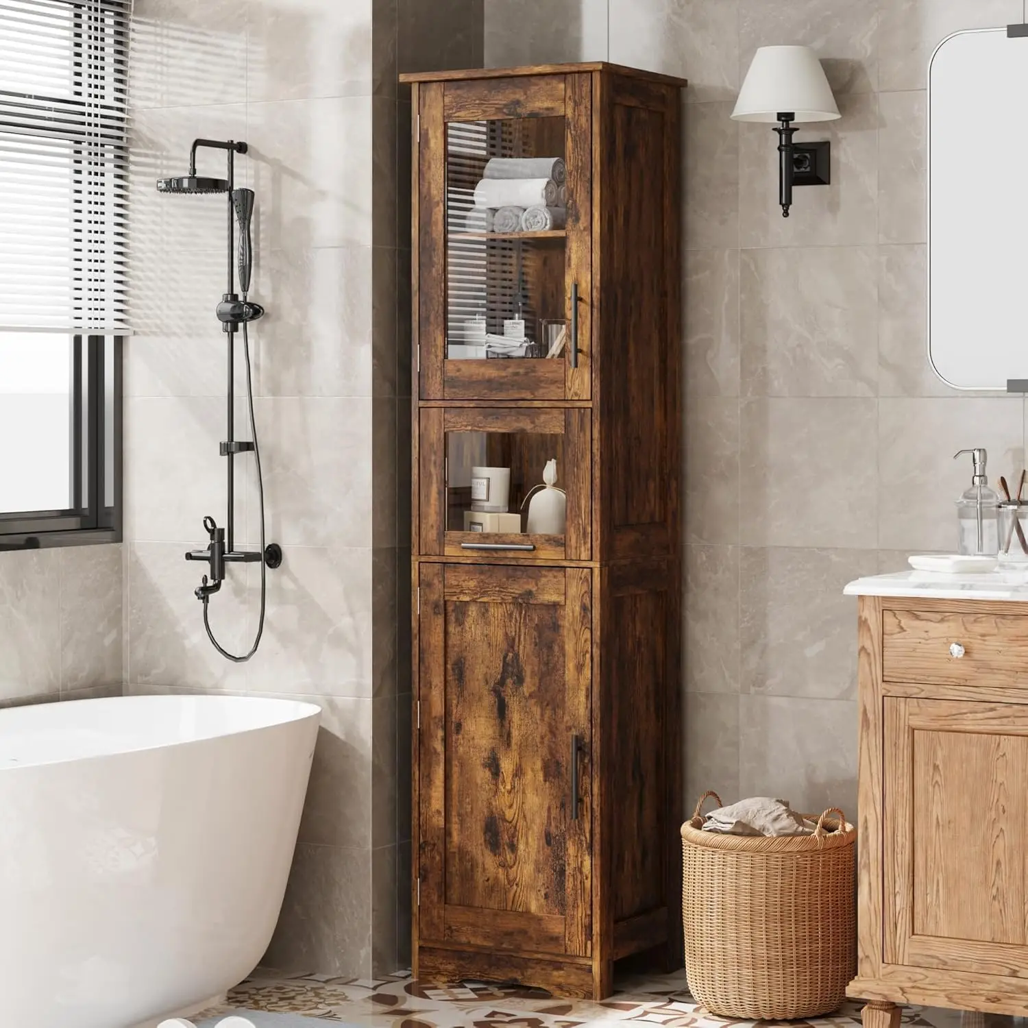Hoge badkamer opbergkast 170cm glazen deur/lade/verstelbare planken vrijstaande organizer voor badkamer keuken woonkamer