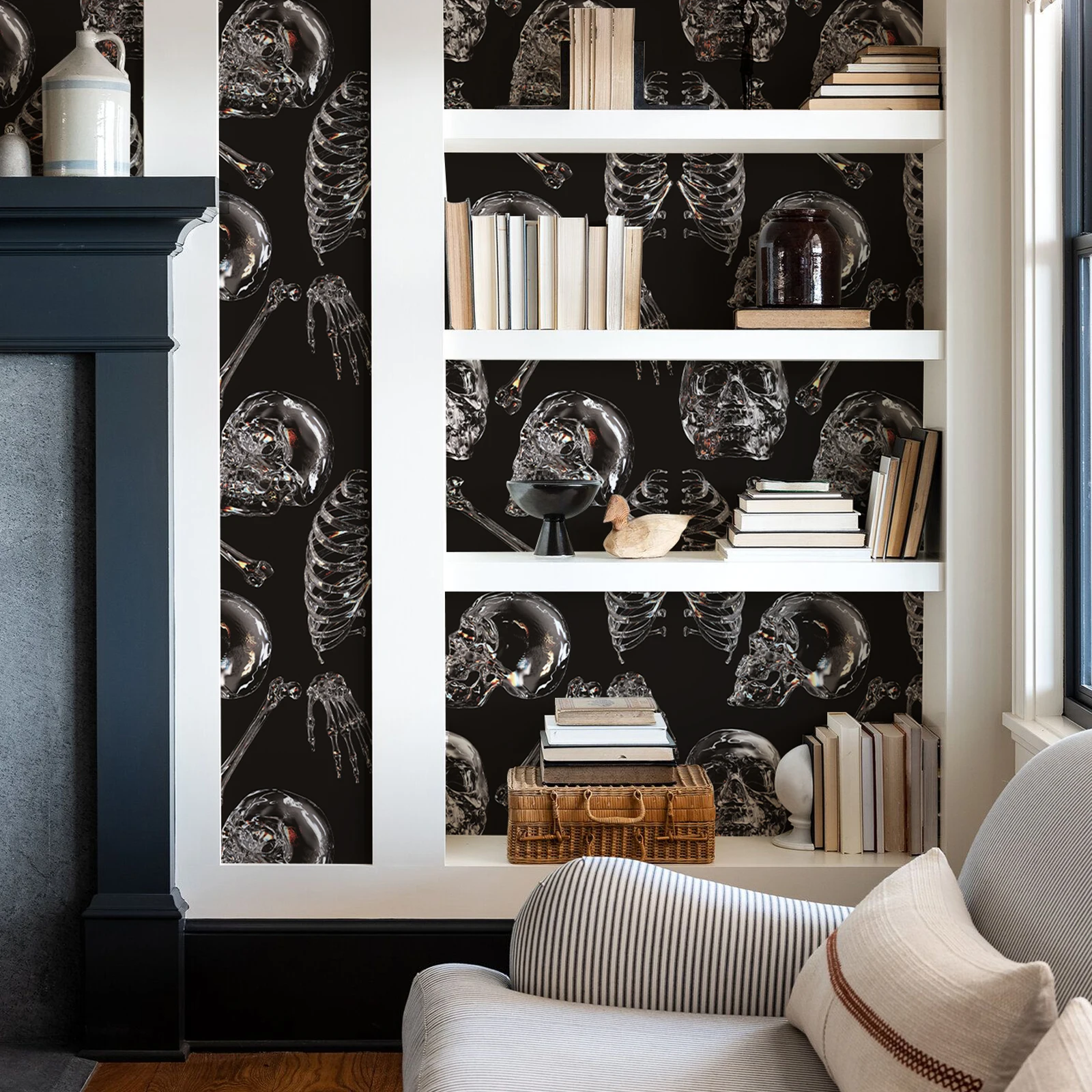 Dark Colored Glass Skull Wallpaper Chic Black Transparent Skeleton Wall Contact Paper Halloween Festival Self Adhesive Wallpaper