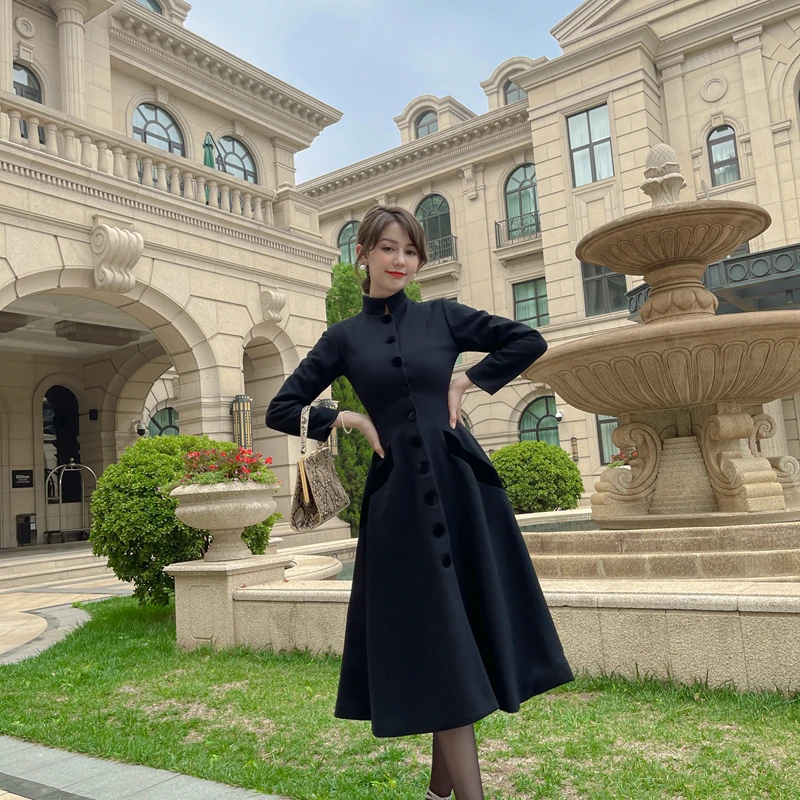 

Black High Waist Medium Length Woolen Coat Vintage Long Sleeve Single Breasted Stand Up Collar Large Swing Woolen Coat
