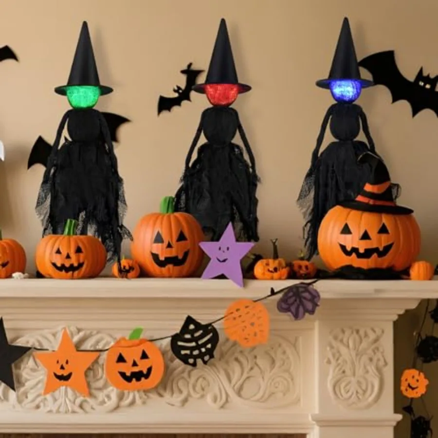 Halloween Decorations Indoor Set of 3 Lighted Primitive Witch with Hat Spooky Black Witches Figurines LED Lights Standing Table