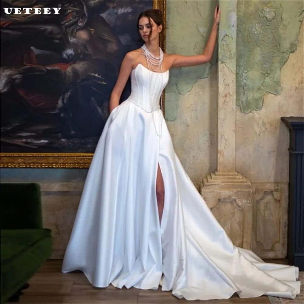 

UETEEY Customized Simple Strapless High Slit Crepe Wedding Dress For Women A Line Lace Up Back Bridal Gown vestidos de novia