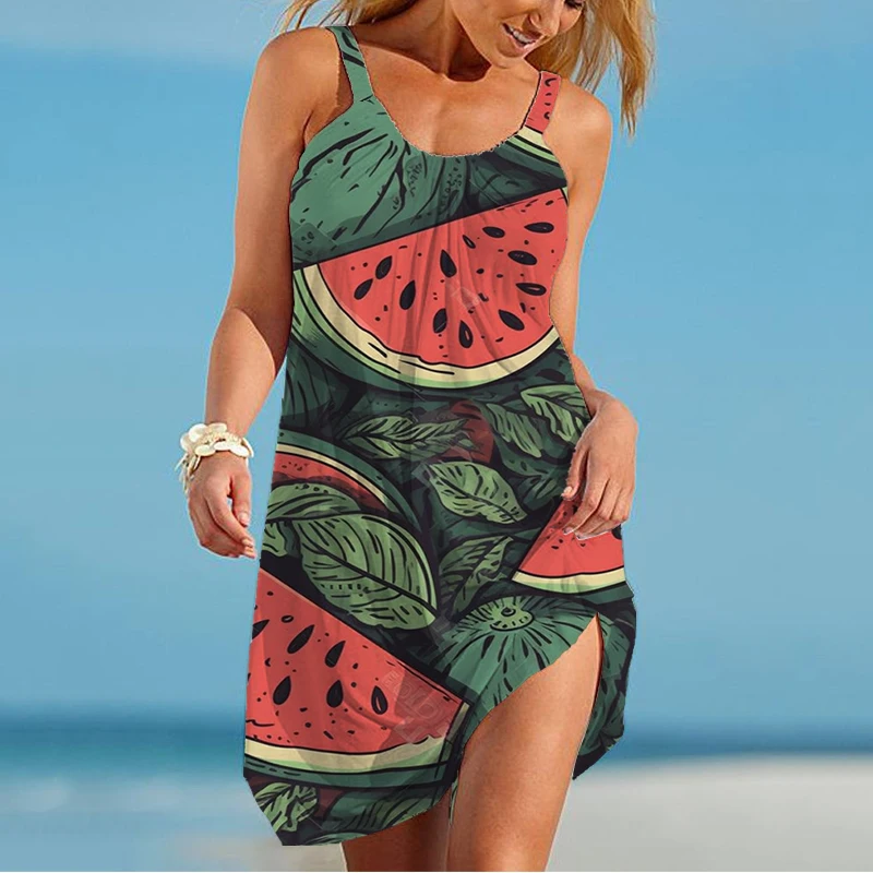 Summer new ladies suspender dress, watermelon 3D printed lady camisole dress, fashion trend, casual loose ladies suspender dress