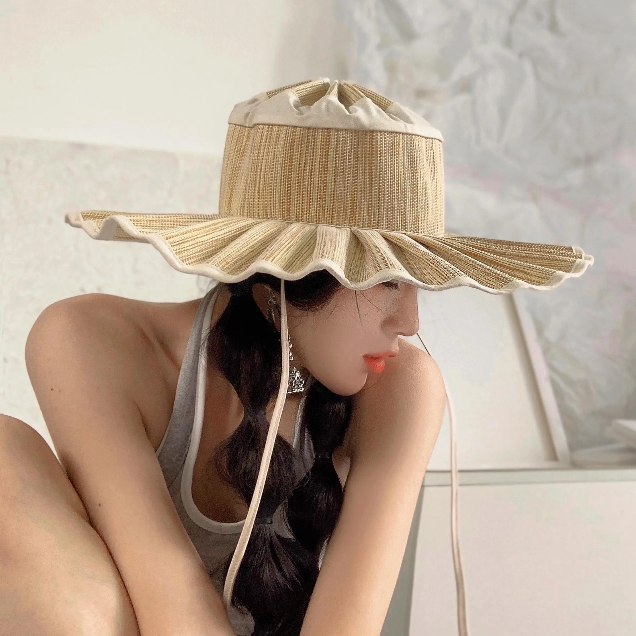 Parent-child Waterproof Papyrus Big Brim Foldable Pleated Women Sun Hats Spring Summer Outdoor Beach Shade Girl Fisherman Cap