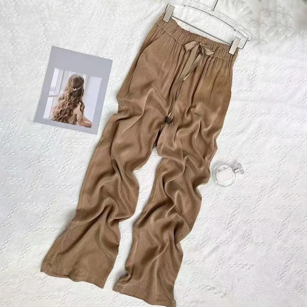 بنطال نسائي واسع الساق أنيق بأرجل واسعة مع جيوب خصر برباط قابلة للتعديل، لون سادة مريح للاستخدام اليومي