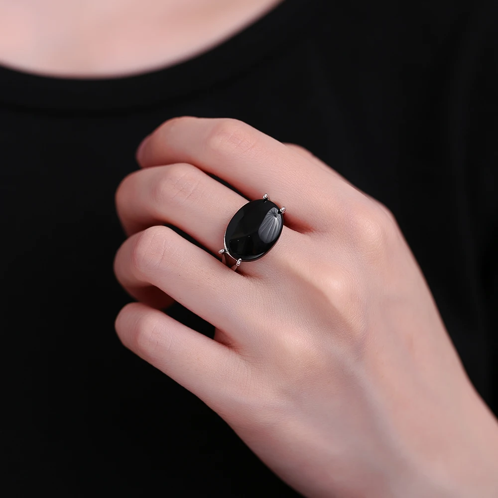 925 Sterling Silver Jewelry Ring Natural 13*18mm Oval Big Black Agate Stone Vintage Ring For Women Party Gifts