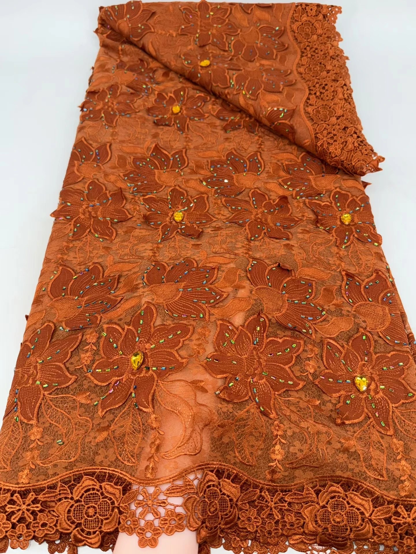 

African Nigerian Stones Cotton Embroidery Organza Lace Fabric, Chiffon Lace Wedding 2026 Party Dress, High Quality, 5Yards,M38-1