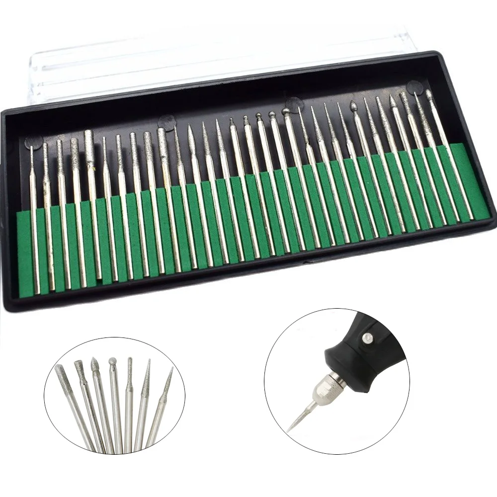 1 Box Diamond Grinding Head Stone Jade Carving Engraving Burrs 2.35mm Shank Polishing Bit Accessories Jewelry Tools