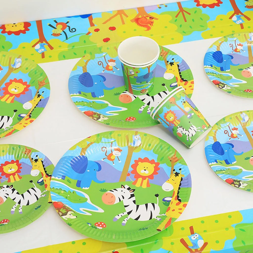 

Cartoon Animals Forest Party Disposable Tableware Colorful Cartoon Animal Jungle Plates Cups Happy Kids Jungle Birthday Supplies