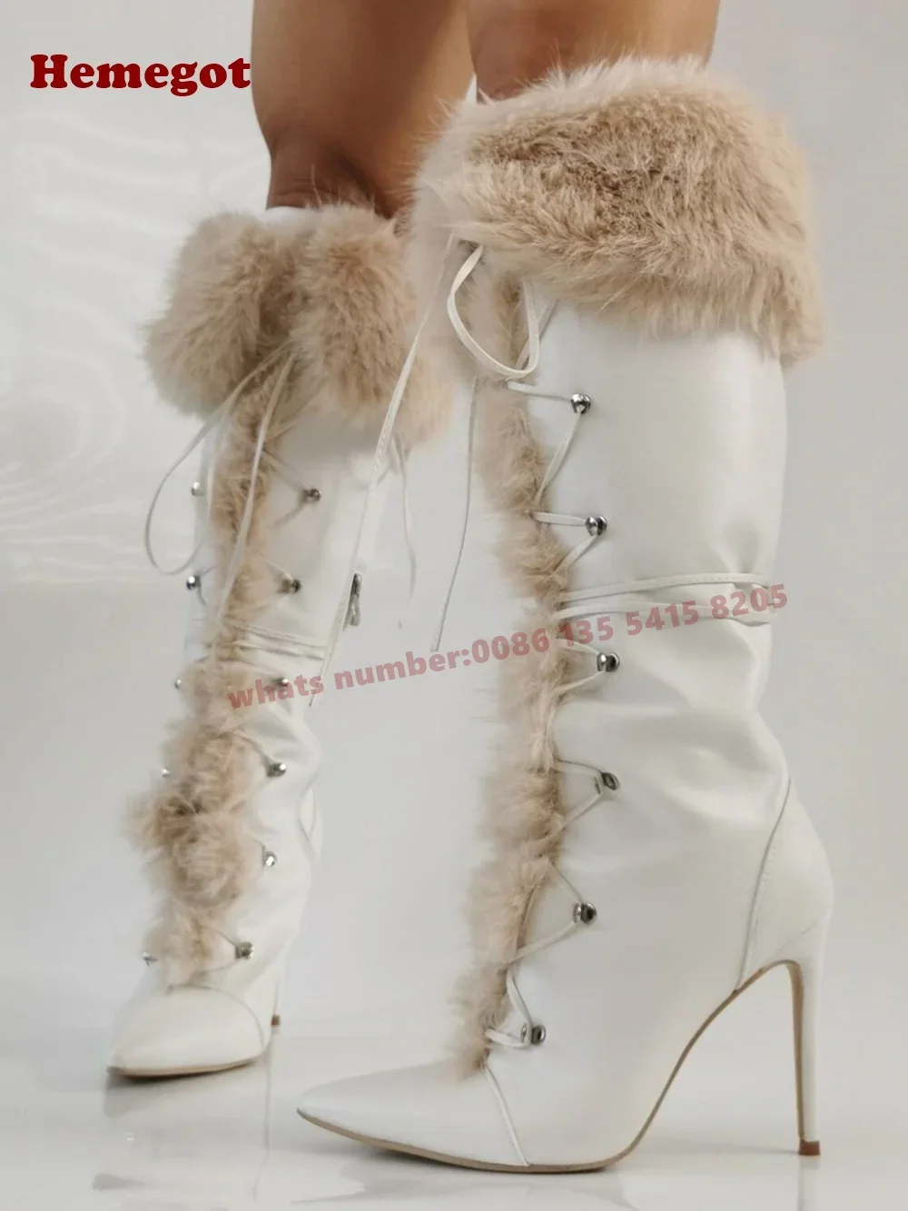 

Белые сапоги до колена на меху, женские сапоги на шнуровке с перекрестными ремешками, повседневная обувь на пушистой шпильке, зимняя роскошь 2025 г.