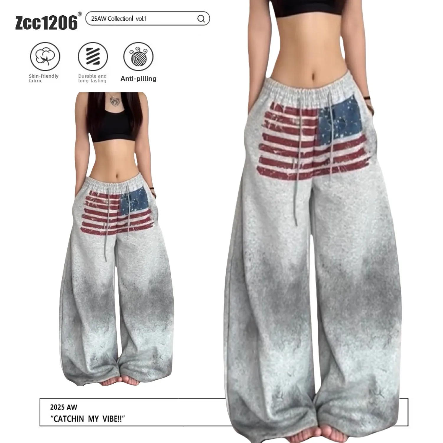 

American Style Grey Fleece Lined Printed Street Dirt Flag Casual Pants Women Autumn Winter Loose Wide Leg Sports Retro Sweatp...