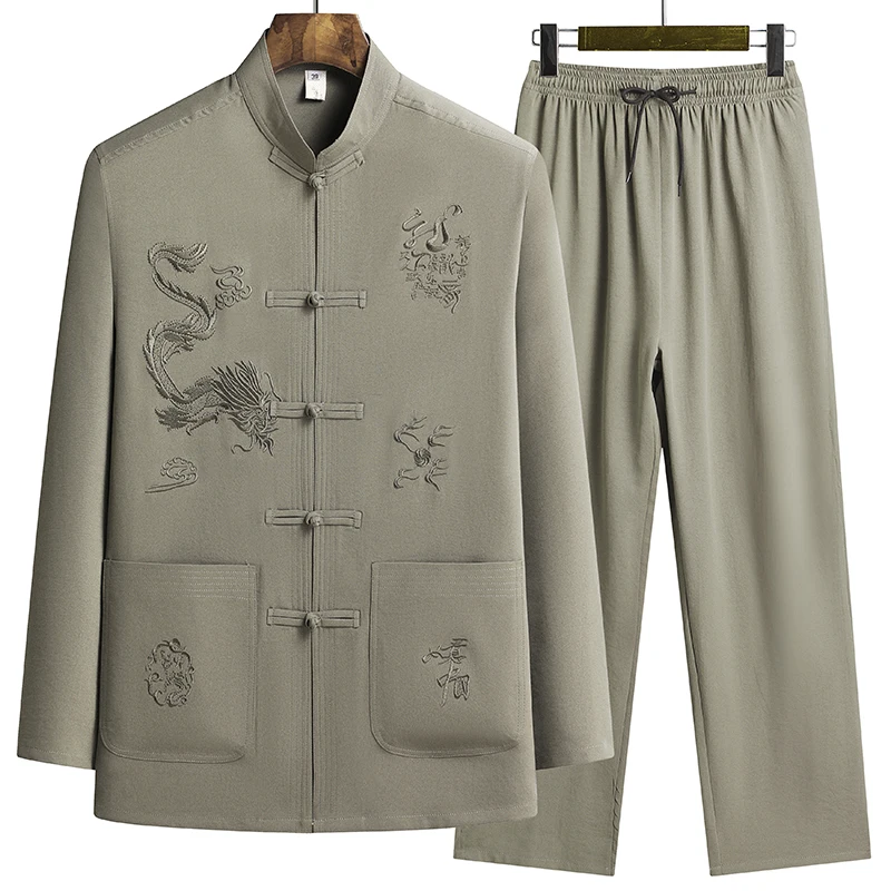 

Tang Suit (top + Pants) Middle-aged and Elderly Men Chinese Style Imitation Hemp Tray Buckle Tang Suit Grandpa Suit