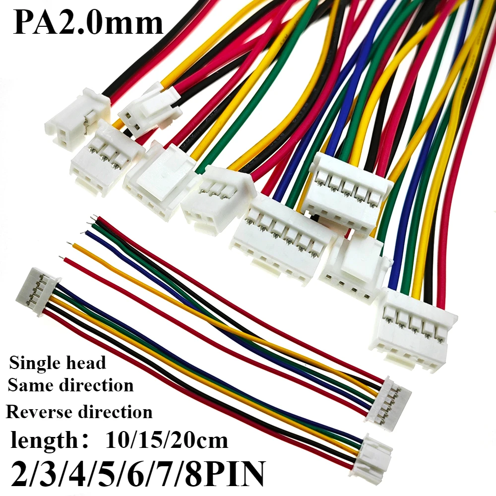 5PCS/Lot PA2.0mm Single Double End Wire with Connection 10/15/20cm 26AWG Reverse/Same Direction Terminal for Electronics