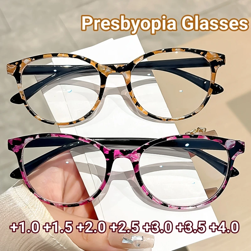 Retro Round Plastic Reading Glasses Fashion Printed Anti Blue Light Presbyopia Glasses High-definition Hyperopia Eyeglasses