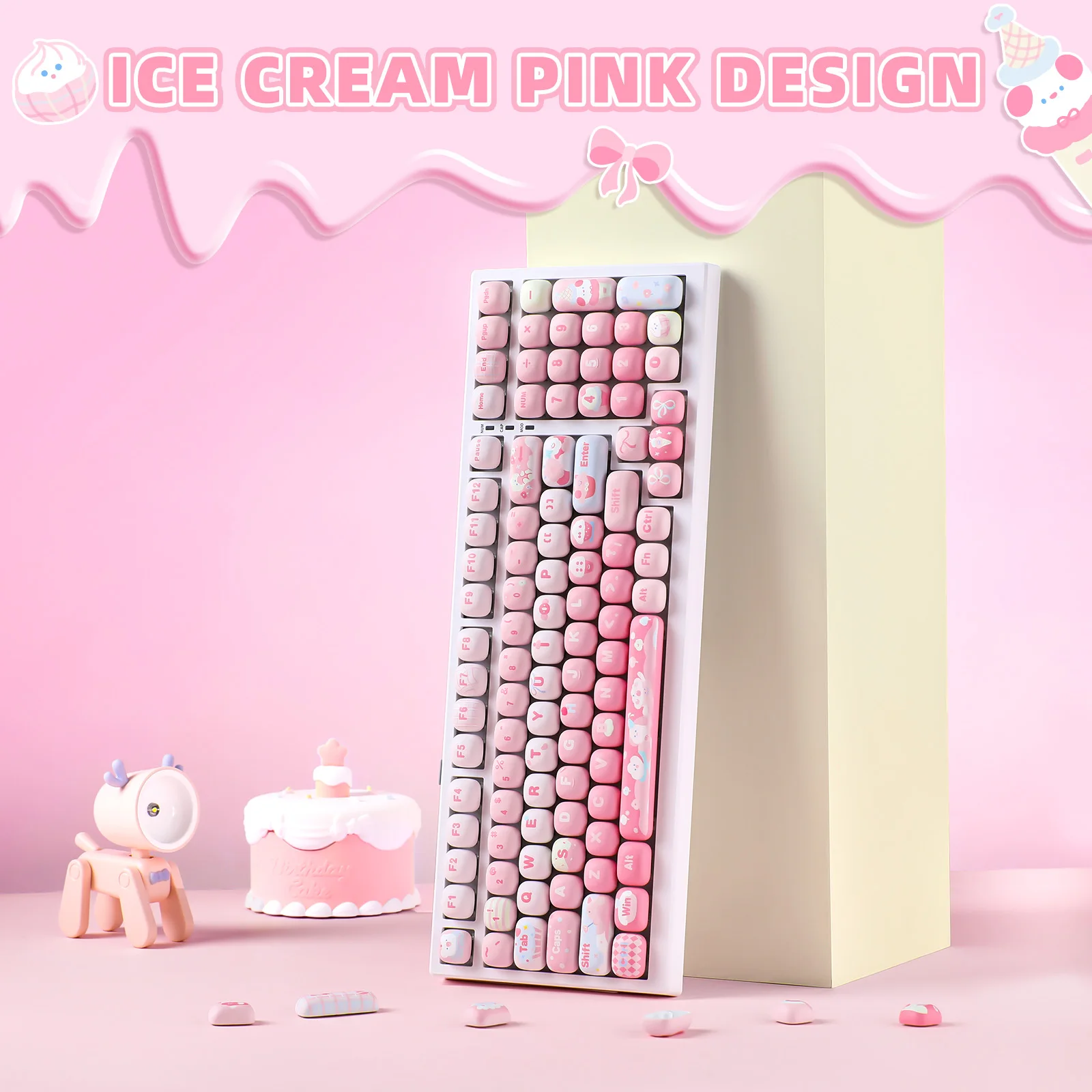 YUNZII Pink Ice Cream MOG Dye Sub PBT Keycaps, 138 Keys Custom Cute MOG Profile Keycap Set for Mechanical Gaming Keyboards