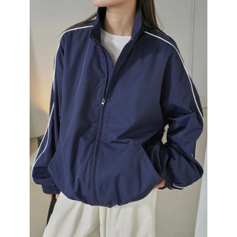 

Early Spring Casual Jacket Women New Stand Collar Coat Korean Style Retro Sporty Loose Silhouette Comfortable Breathable Clothes