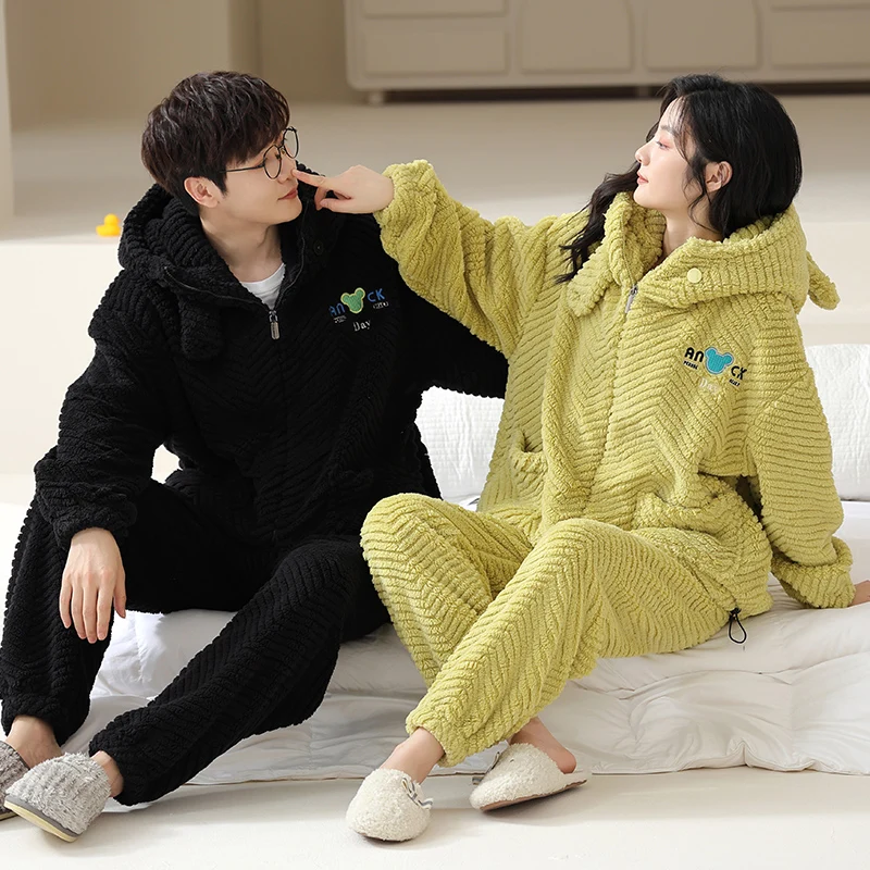 Winter Warm Thick Plush Couple Cute Hooded Cardigan Zipper Home Clothing Loose and Comfortable Men's and Women's Pajamas