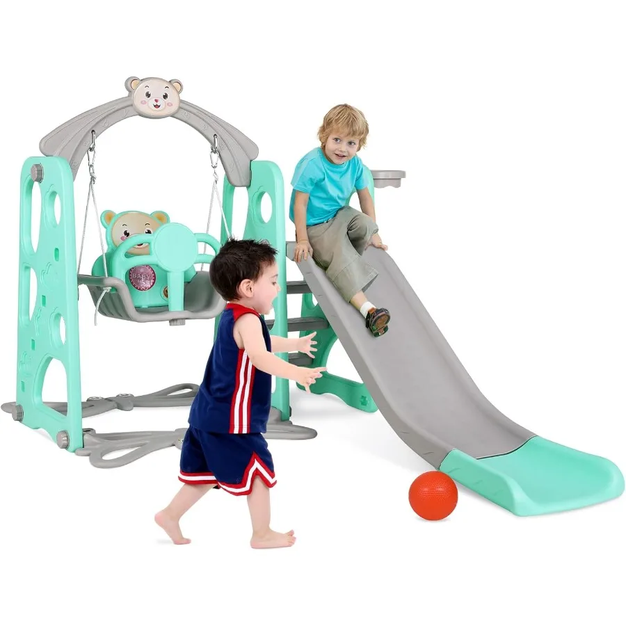 Glijbaan en schommelset voor peuters 4-in-1 Play Climber Slide Speelset met balhoepel Extra lange glijbaan Extra bal Babyschommel voor binnen en buiten