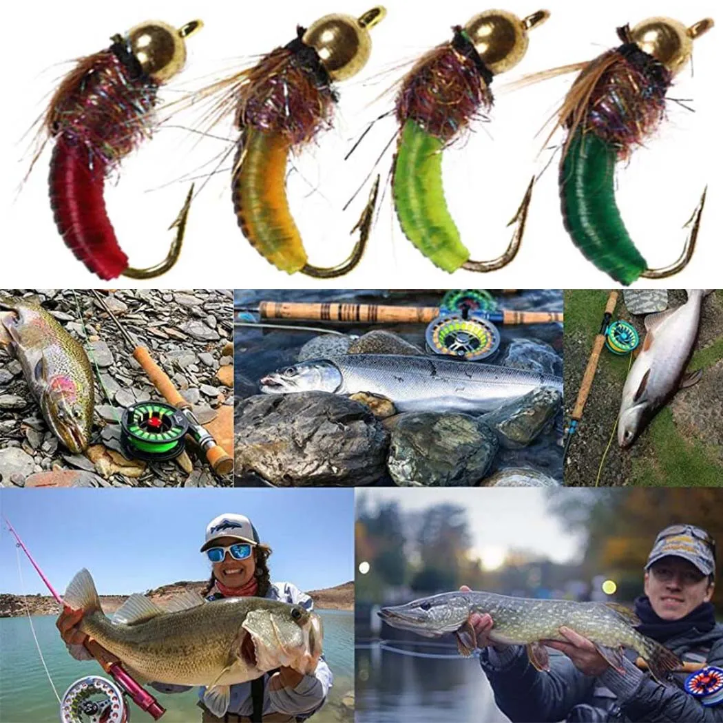 3Pieces  Brass Bead Head Fast Sinking Nymph Maggots Bug Worm Flies Trout Fly Fishing Lure Bait