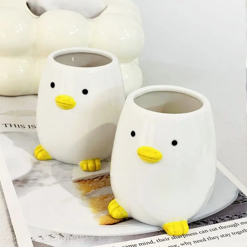 3D Duck Cute Creative Ceramic Mug, 350ML Office Home Handless Coffee Cups with Spoon Simple Cup Drinkware