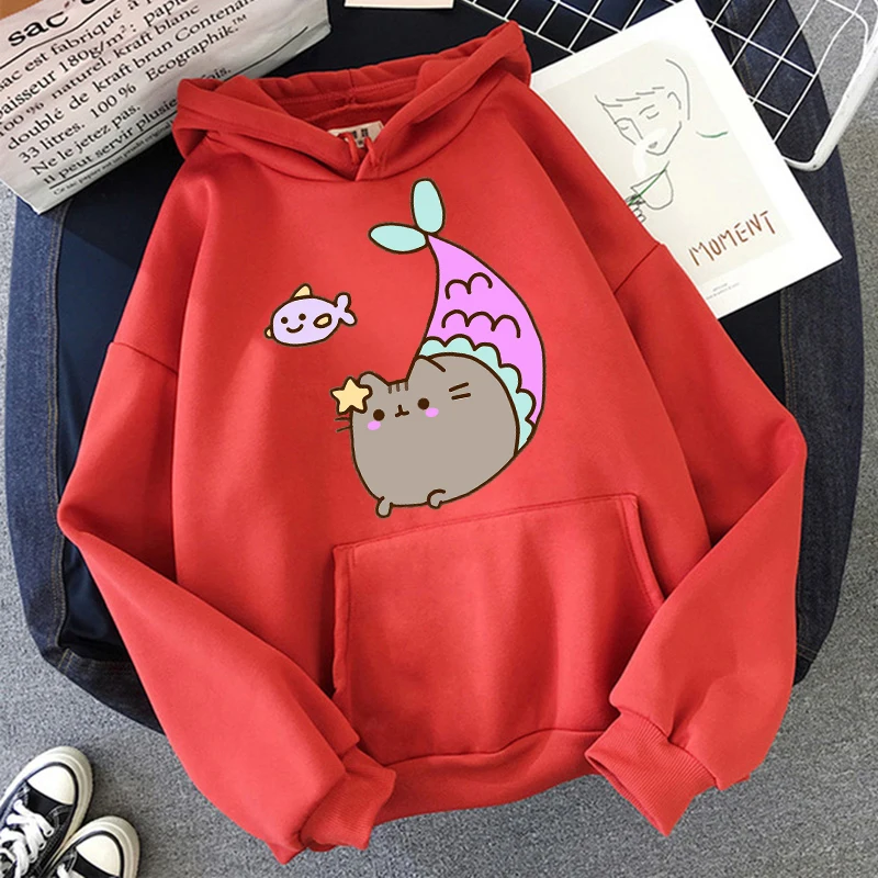 Sudadera Ullzang con bonito gato para mujer, sudadera con capucha de estilo coreano con dibujos animados divertidos de Pusheen Cat Kawaii Harajuku,