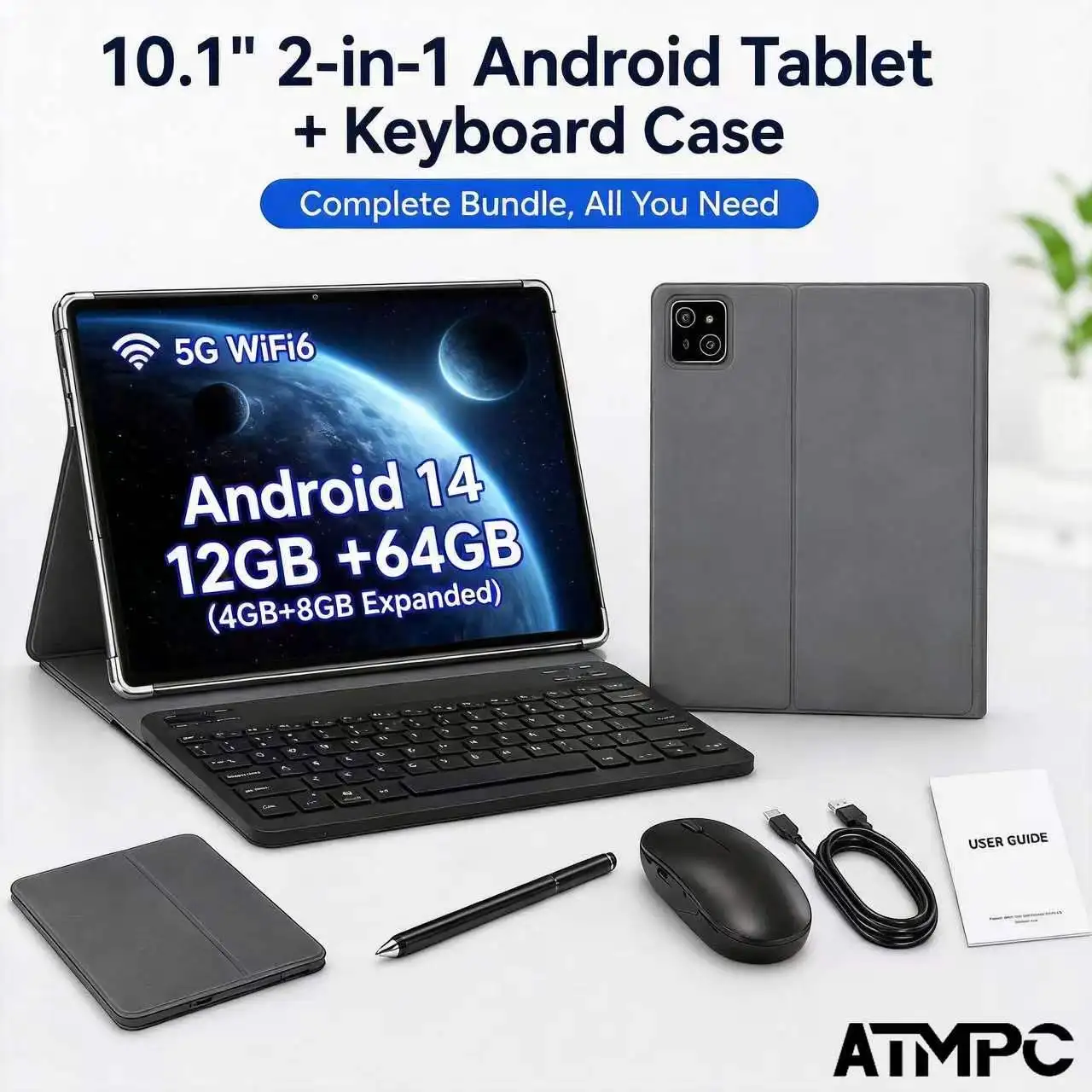 ATMPC 10.1 Inch 2-in-1 Tablet PC with Keyboard And Stylus Android 14 12GB+64GB Octa-Core BT 5G WIFI 6 HD 1280*800 Display IPS Camera Mouse Case Included