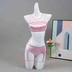 Hope&Win 2022 Newest Women's Pole Dance Wear  Short Triangles And a Belt Imitating Suspenders Sexy Party Clubwear Pink Satin