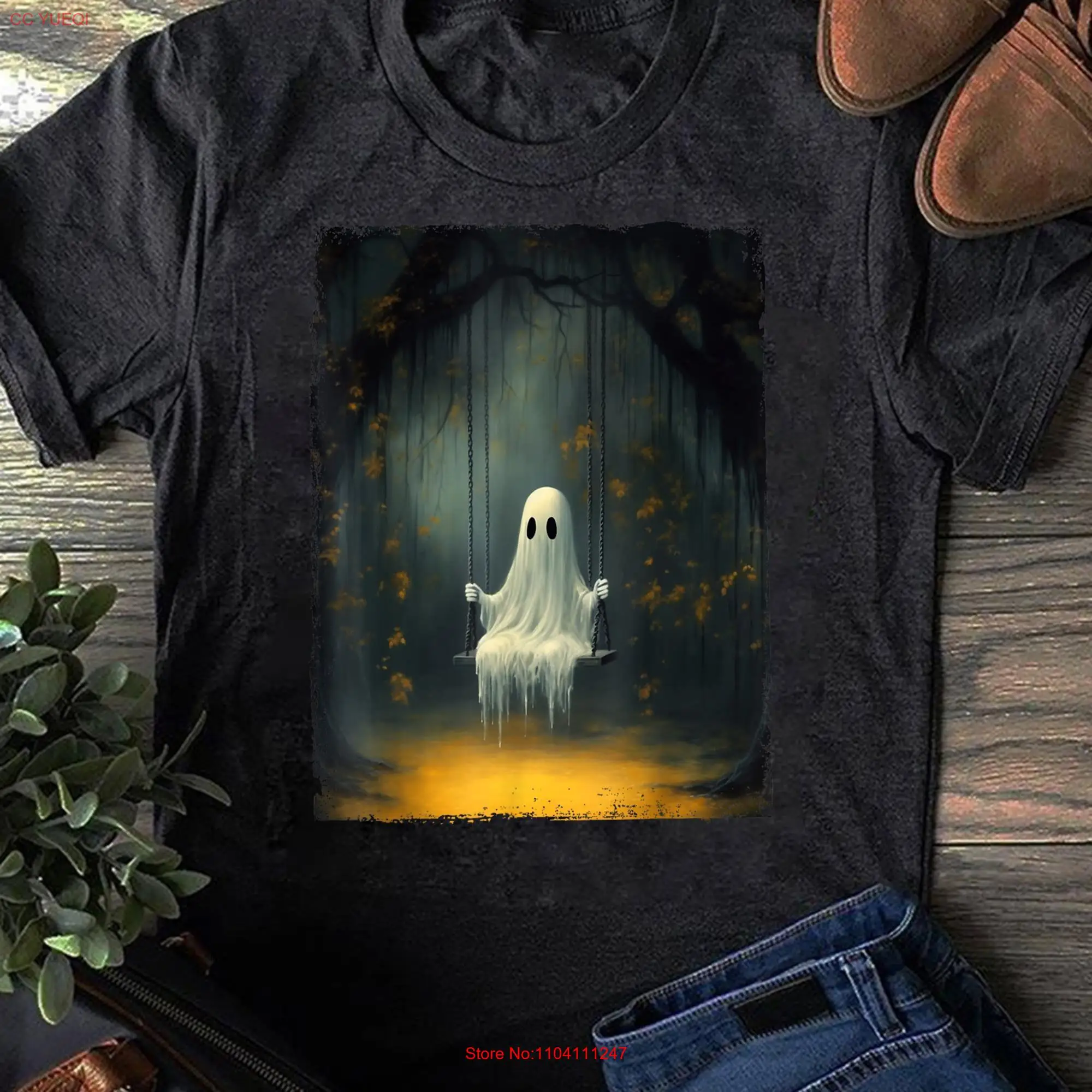 Vintage Floral Ghost On The Swing In Forest Halloween Gothic T Shirt GifT Reading Camping Funny long or short sleeves