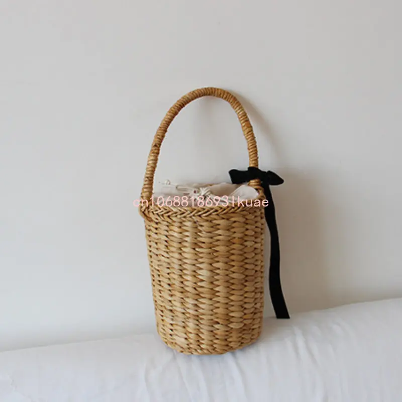 Japanese and Korean Straw Bucket Tote Hand Bags for Women Rattan Woven Purses and Handbags Ladies Beach Ribbon Handbag