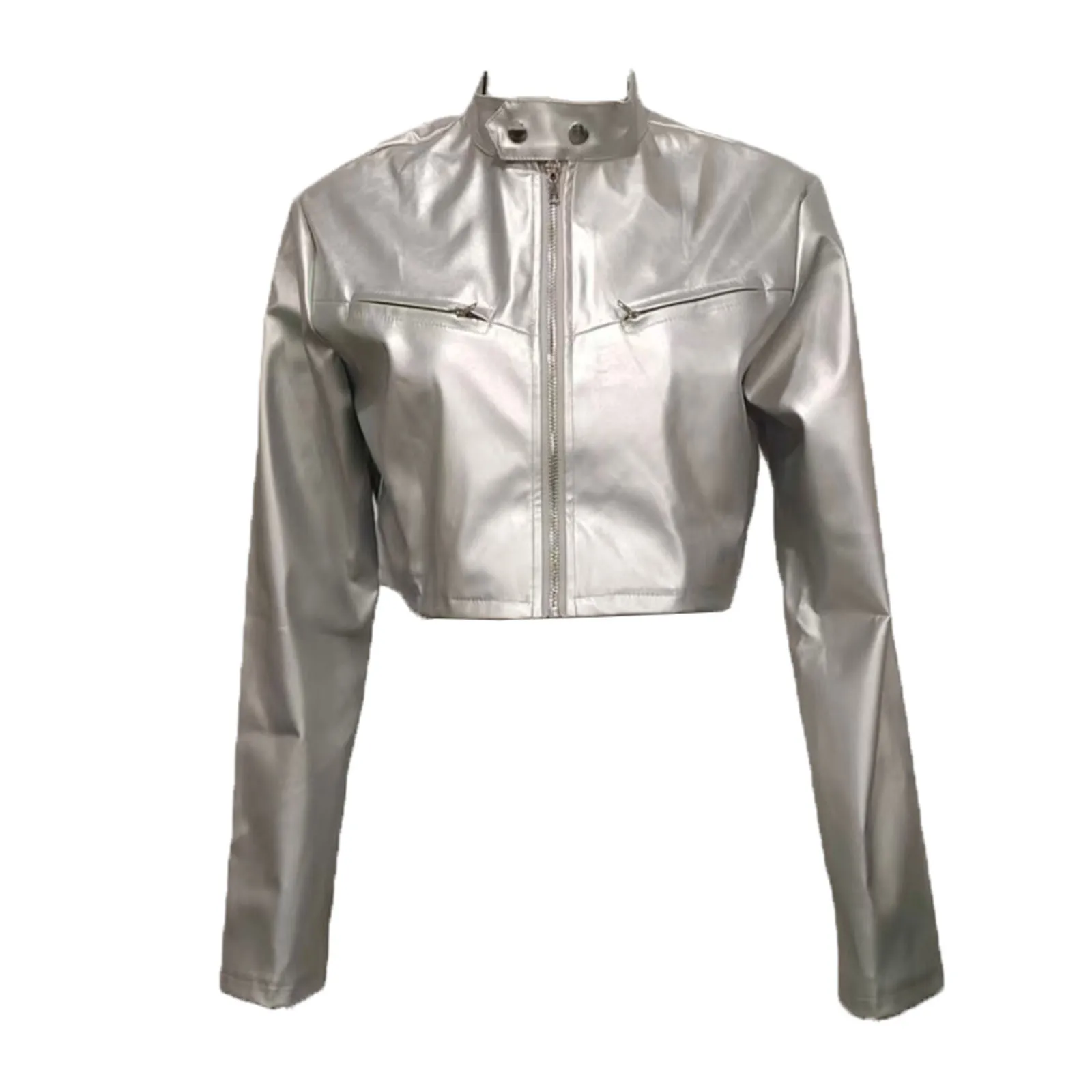 

Womens Metallic Shiny Crop Jacket Long Sleeve Front Zipper Baseball Outerwear Bomber Jacket for Disco Club Music Party