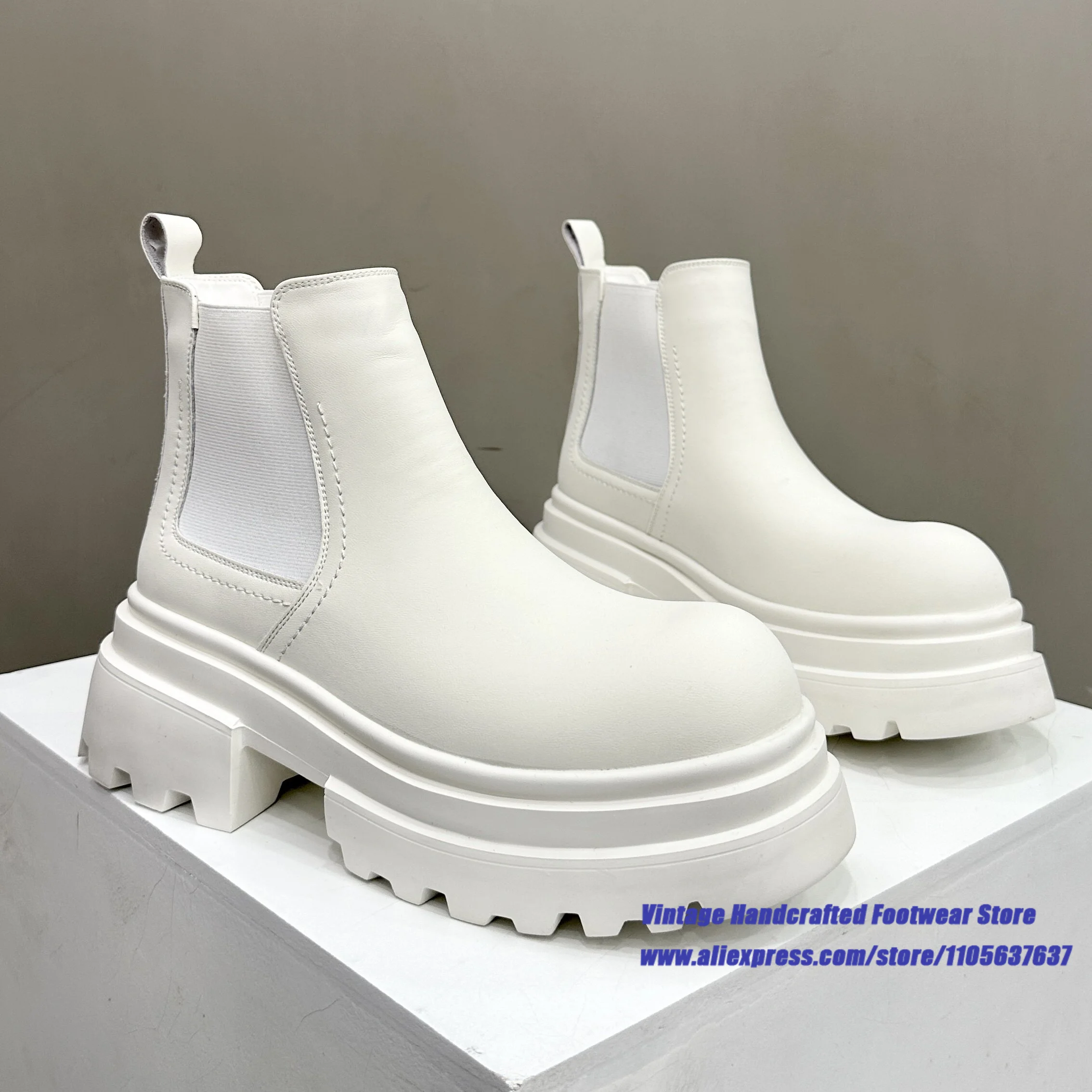 White Leather Elastic Band Men's Chelsea Boots Round Toe slip on Ankle Booties ﻿Luxury Designer Vintage Handcrafted Men's Boots