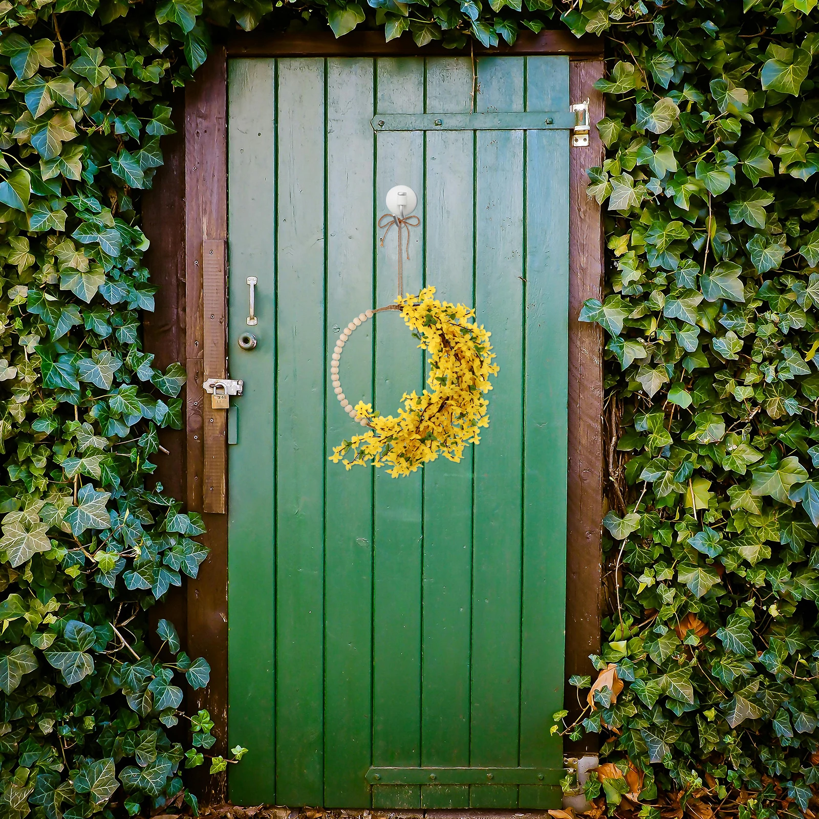 

Simulated Spring and Summer Flower Wreath Wooden Bead Decor Front Door Hanging Artificial Floral Wreath for Home Porch