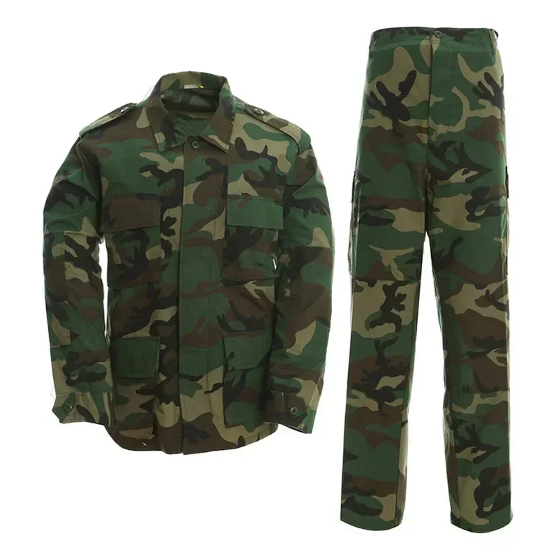 BDU Camouflage Suit Jacket+Pants Sets for Men's Wear-resistant Outdoor Training Hiking Green ACU Tactical Uniform