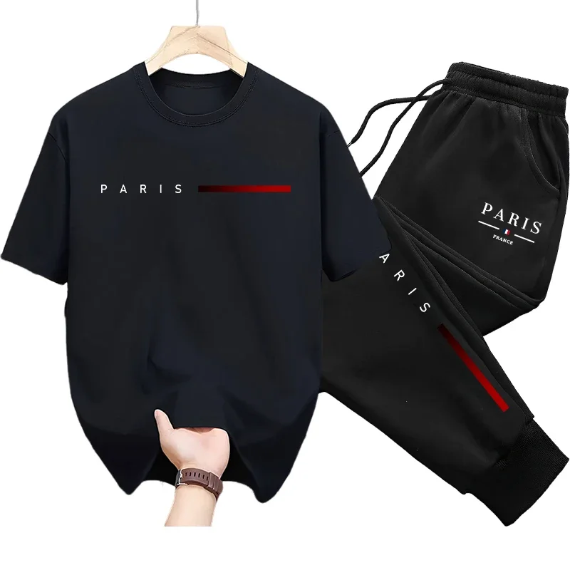2026 New Arrival Men's O-neck T-shirt Sweatpants Urban Fashion Paris Print Tees 2 Piece Set Home Outdoor Casual Sporty Outfits