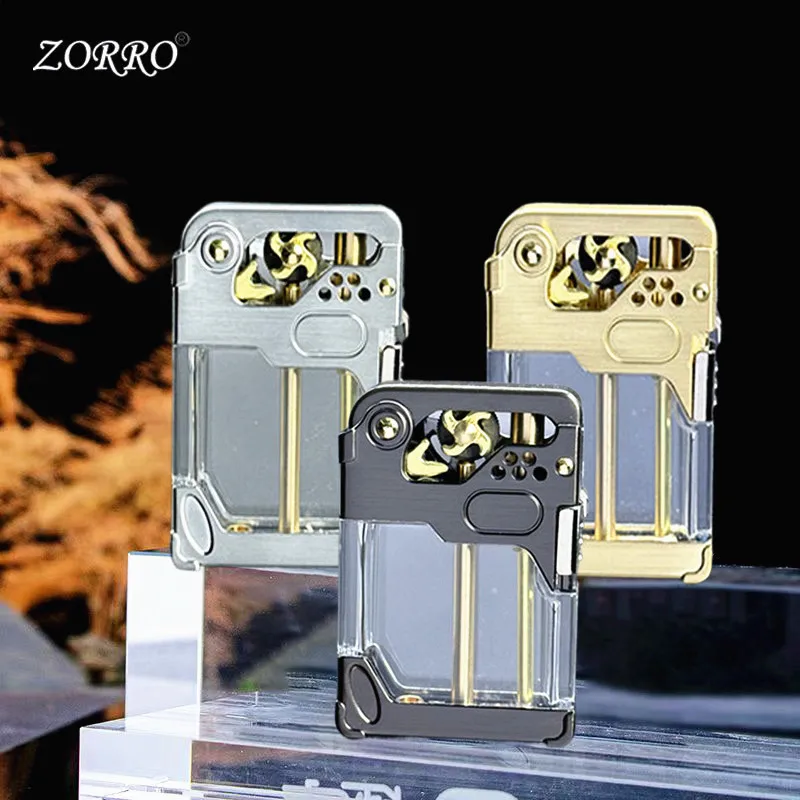 ZORRO Armor Wind and Fire Wheel Transparent Oil Tank High end One click Launch Ignition Windproof Fuel Oil Lighter Safety Lock
