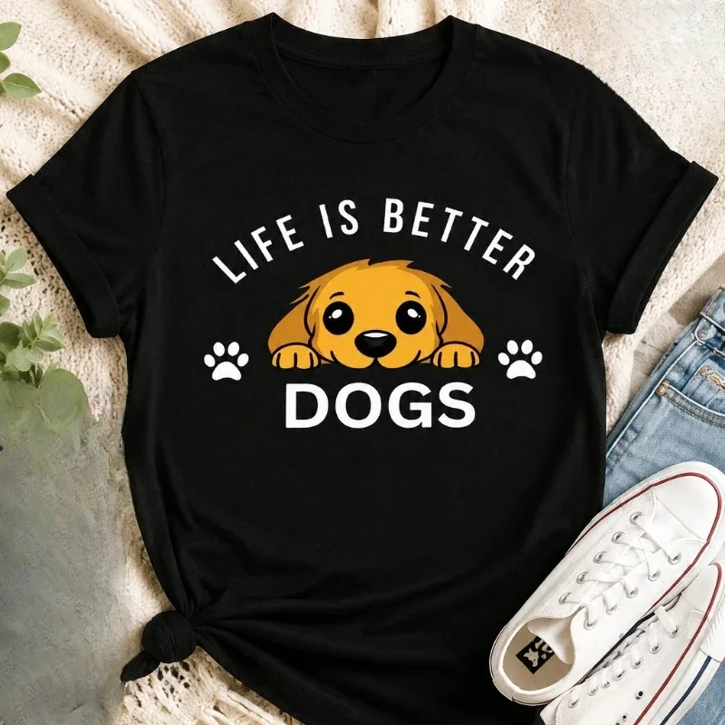 Women Tshirt Short Cartoon Puppy Dog Silhouette Floppy Fluffy Ears Big Innocent Eyes Solid Black Backdrop for Streetwear Outfit