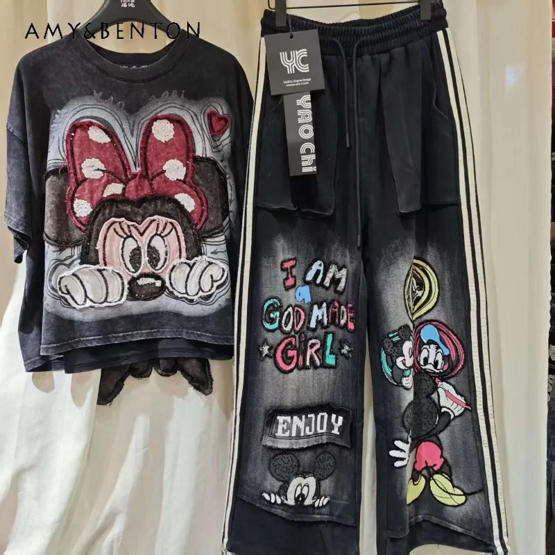 

2026 Autumn Winter New Cartoon Trendy Loose Casual Jeans Women's Denim Pants Bell-Bottom Trousers Y2k Cool Clothes For Ladies