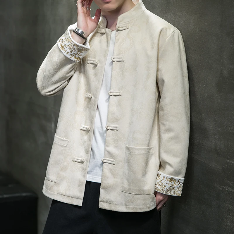 

Новая китайская мужская замшевая куртка с вышивкой и пуговицами, улучшенная версия костюма Тан, Ханьфу, ретро-дизайн с цветочным узором