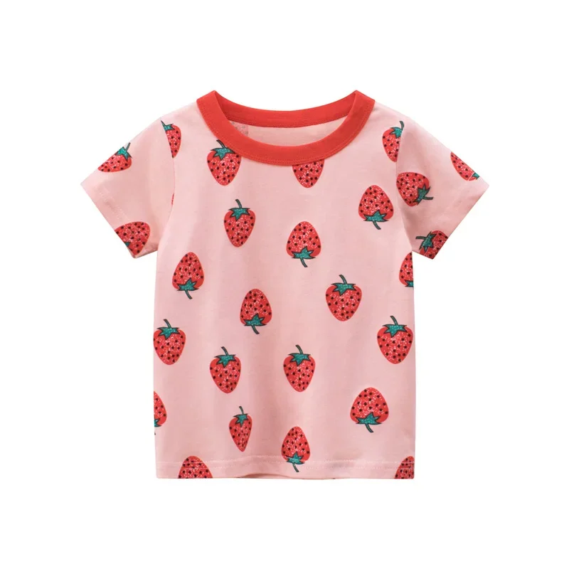 2024 Summer Short Sleeve T Shirt Girls Cartoon Strawberry Cherry Casual T-Shirts for Girl Tops Cotton Children Kids Clothes 10Y