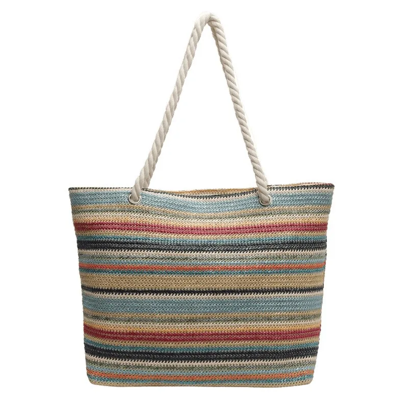 

Straw Fabric Woven Design Women Tote Bags Rainbow Color Large Capacity Summer Beach Shoulder Shopper Bag Casual Commute Handbags