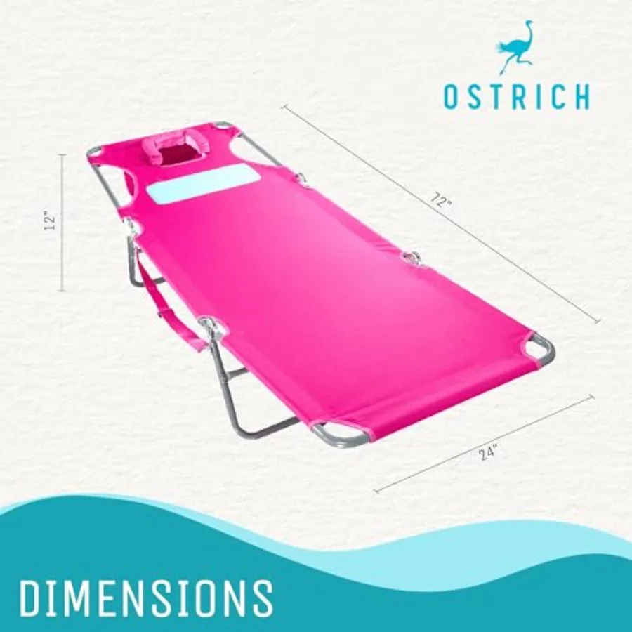 Outdoor chaise lounge for sunbathing face down, ostrich leatherette, pink, 3-position folding, beach/pool/camping use 2 pack